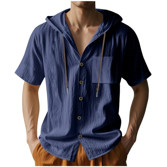 Dagugfen Summer Shirts for Men Button down Hoodie Drawstring Short Sleeve Loose Lightweight Casual Tops Pocket