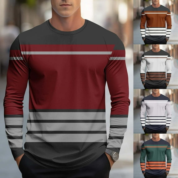 Dagugfen Summer Shirts for Men Long Sleeve Crew Neck Strip Slim Comfy Leisure Workout Tee Tops