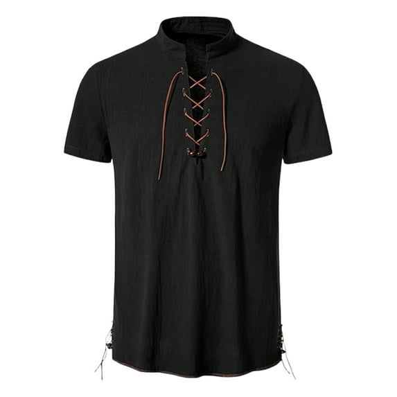 Dagugfen Summer Shirts for Men Short Sleeve Stand Collar Drawstring V Neck Comfy Vintage Tshirts Fashion