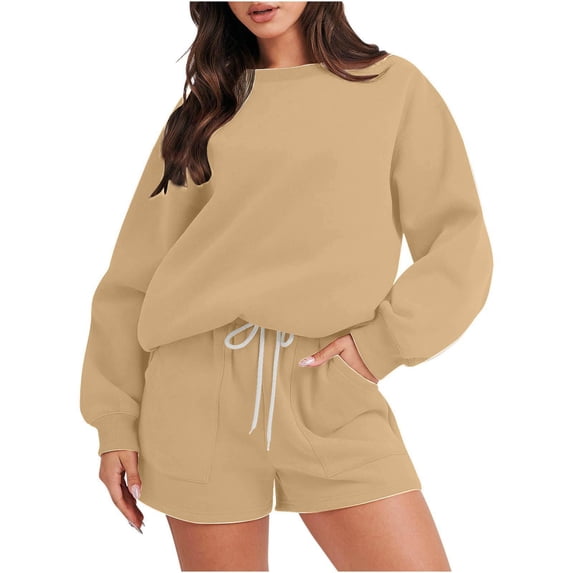 Dagugfen Sweat Sets for Women 2 Piece Long Sleeve Crew Neck Sweatshirts Drawstring Elastic Waist Sweat Shorts with Pockets Athletic Workout Sets(XL,Khaki)