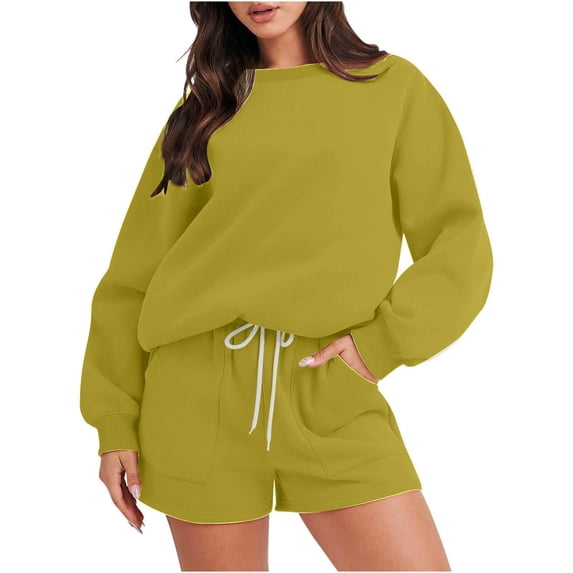 Dagugfen Sweat Sets for Women 2 Piece Long Sleeve Crew Neck Sweatshirts Drawstring Elastic Waist Sweat Shorts with Pockets Athletic Workout Sets(XL,Yellow)