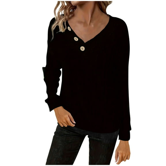 Dagugfen Sweaters for Women Button V Neck Ribbed Long Sleeve Knit Slim Fitting Casual Comfy Workwear Going out Tops