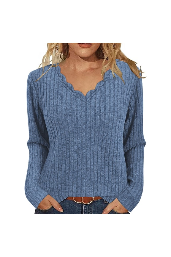 Sweaters for Women Ribbed Wave V Neck Slim Fitted Comfy Knit Casual Work Long Sleeve Shirts