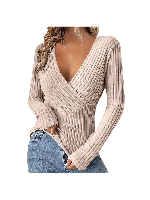 Sweaters for Women Wrap Deep V Neck Long Low Cut Sleeve Slim Fitted Knitted Going out Tops for Night Club Party