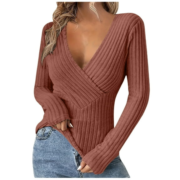 Dagugfen Sweaters for Women Wrap Deep V Neck Long Low Cut Sleeve Slim Fitted Knitted Going out Tops for Night Club Party