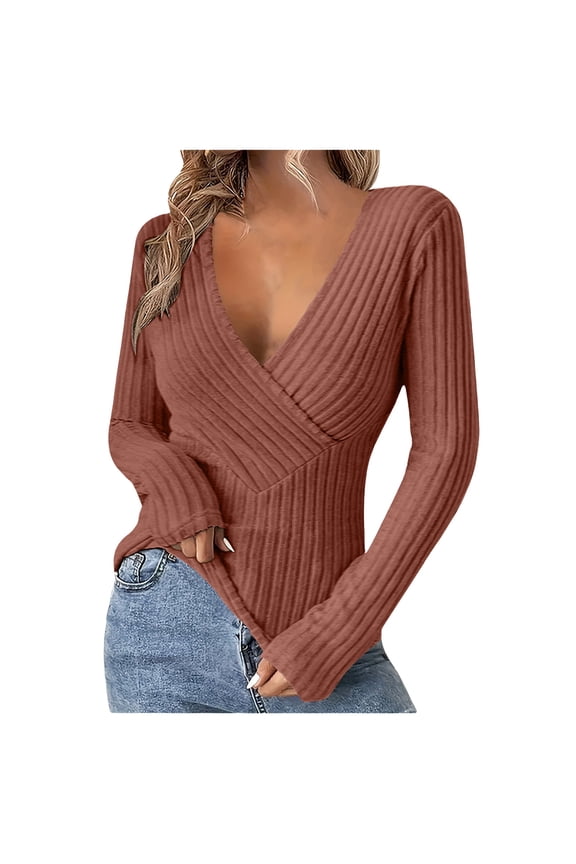 Sweaters for Women Wrap Deep V Neck Long Low Cut Sleeve Slim Fitted Knitted Going out Tops for Night Club Party