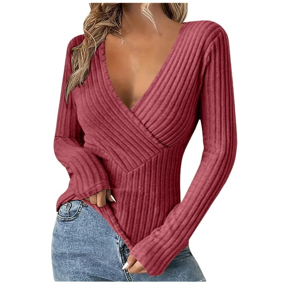 Dagugfen Sweaters for Women Wrap Deep V Neck Long Low Cut Sleeve Slim Fitted Knitted Going out Tops for Night Club Party
