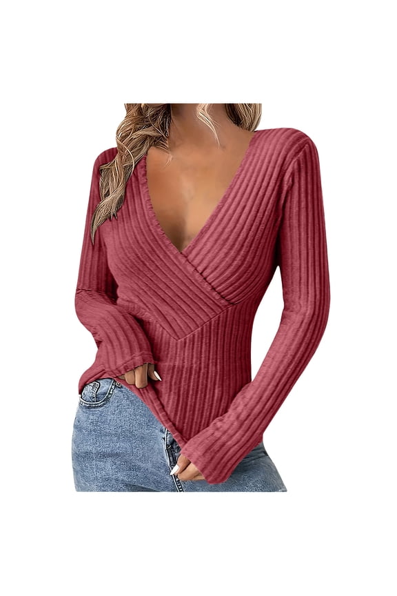 Sweaters for Women Wrap Deep V Neck Long Low Cut Sleeve Slim Fitted Knitted Going out Tops for Night Club Party
