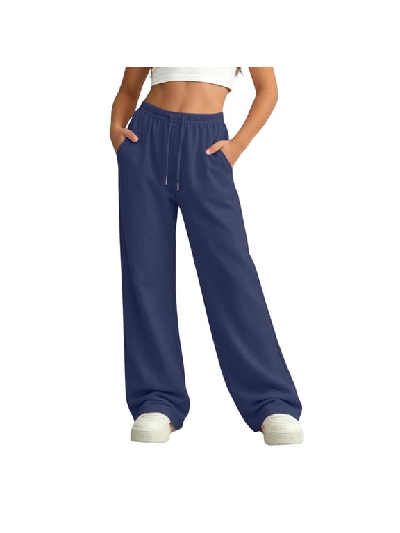 Sweatpants for Teens Elastic Waist Loose Fitted Full Length Pants Athletic Outdoor Running Activewear Pants with Pockets(14-15 YearsNavy)