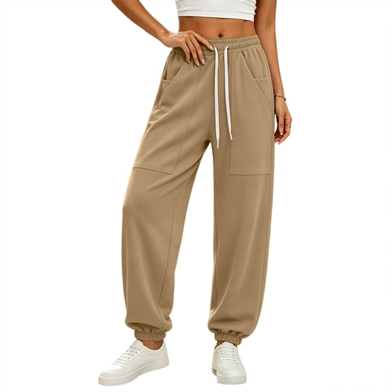 Dagugfen Sweatpants for Women Elastic Waist Drawstring Cinch Bottom Athletic Outdoor Jogging Pants with Pockets(XXL,Khaki)