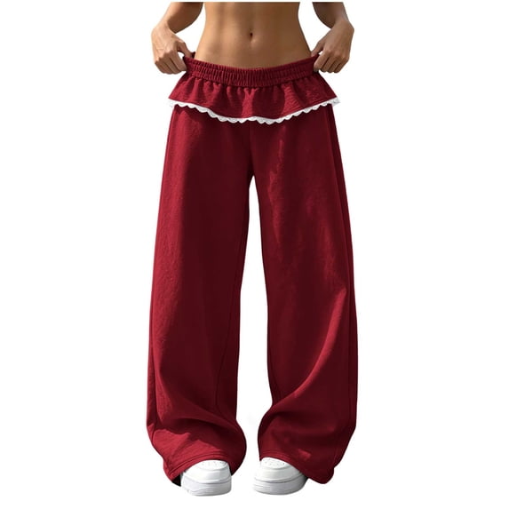 Dagugfen Sweatpants for Women Lace Elastic High Waist Floor Length Loose Fitted Pants Breathable Casual Fashion Trousers S-2XL