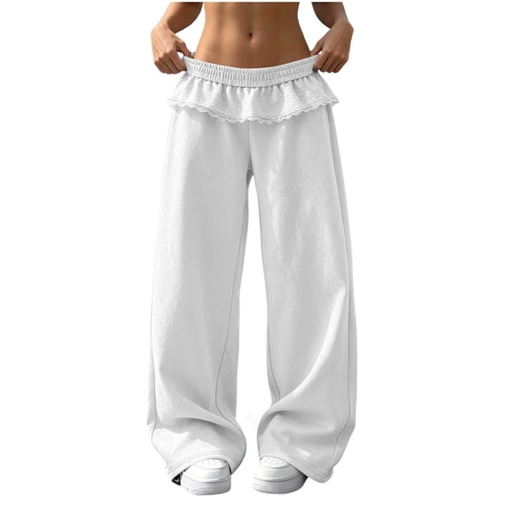 Dagugfen Sweatpants for Women Lace Elastic High Waist Floor Length Loose Fitted Pants Breathable Casual Fashion Trousers S-2XL