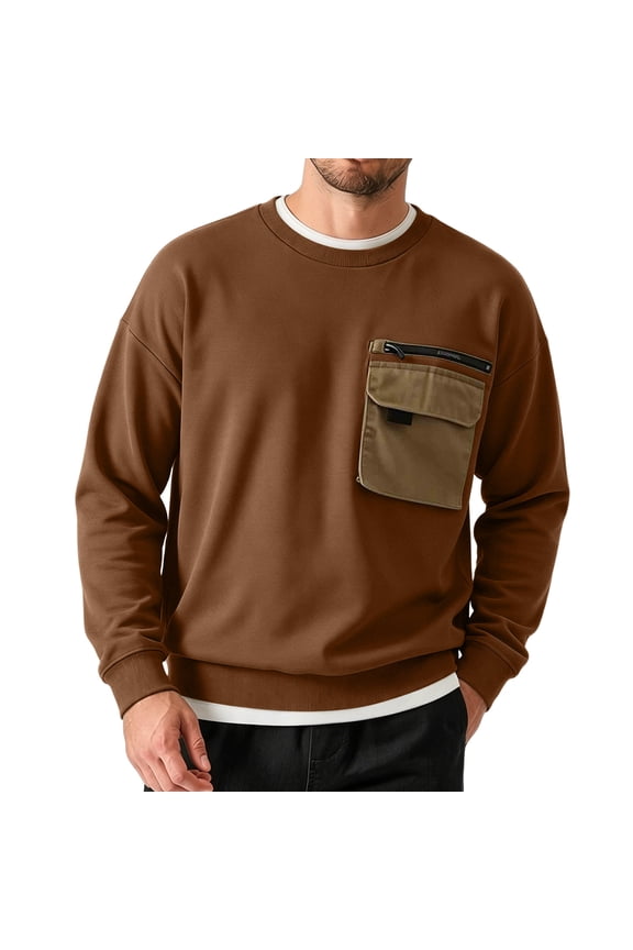 Sweatshirts for Men Cinch Cuff Long Sleeve Crewneck Pullover Casual Daily Wear Tops with Zip Pockets(L,Brown)