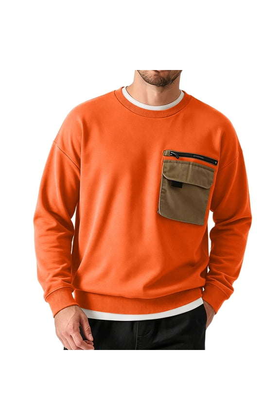Sweatshirts for Men Cinch Cuff Long Sleeve Crewneck Pullover Casual Daily Wear Tops with Zip Pockets(L,Orange)