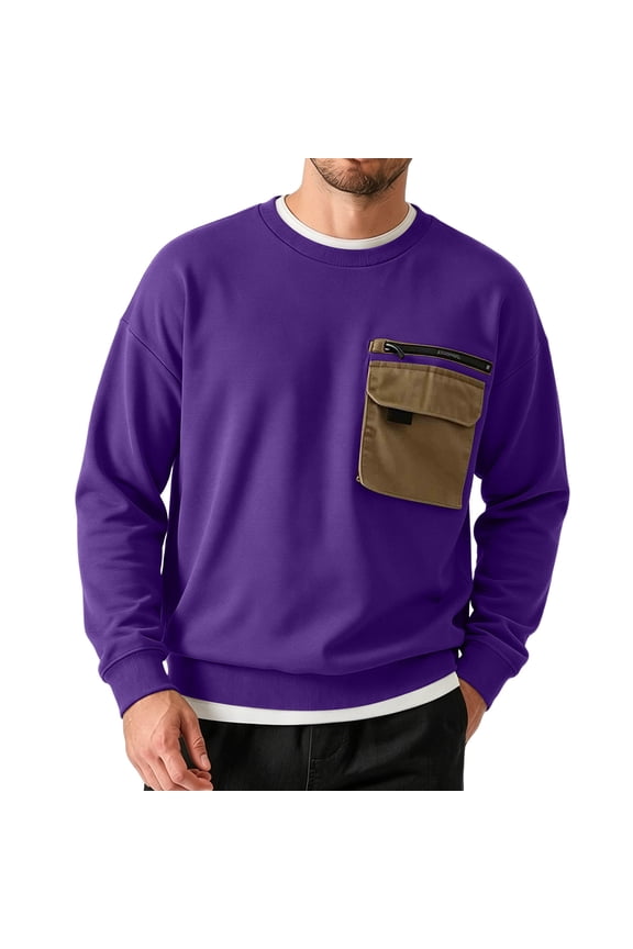 Sweatshirts for Men Cinch Cuff Long Sleeve Crewneck Pullover Casual Daily Wear Tops with Zip Pockets(M,Purple)
