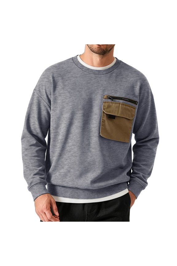 Sweatshirts for Men Cinch Cuff Long Sleeve Crewneck Pullover Casual Daily Wear Tops with Zip Pockets(XL,Gray)