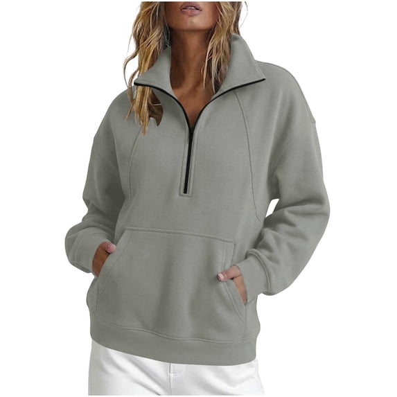 Dagugfen Sweatshirts for Women Quarter Zip Long Sleeve Stand Neck Pullover Casual Tops Daily Wear Loose Fitted Sweatshirts with Pockets(XXL,Gray)
