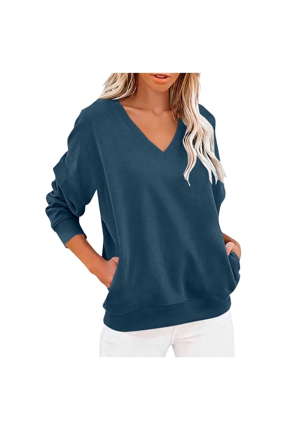 Sweatshirts for Women V Neck Long Sleeve Loose Fitted Elastic Hem Pullover Casual Tops Solid Color(XXL,Navy)