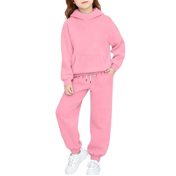 Dagugfen Sweatsuits for Teens Hooded Long Sleeve Pullover Sweatshirts Elastic Waisted Cinch Bottom Loose Fitted Sweatpants Activewear Sets(6-7 Years,Pink)