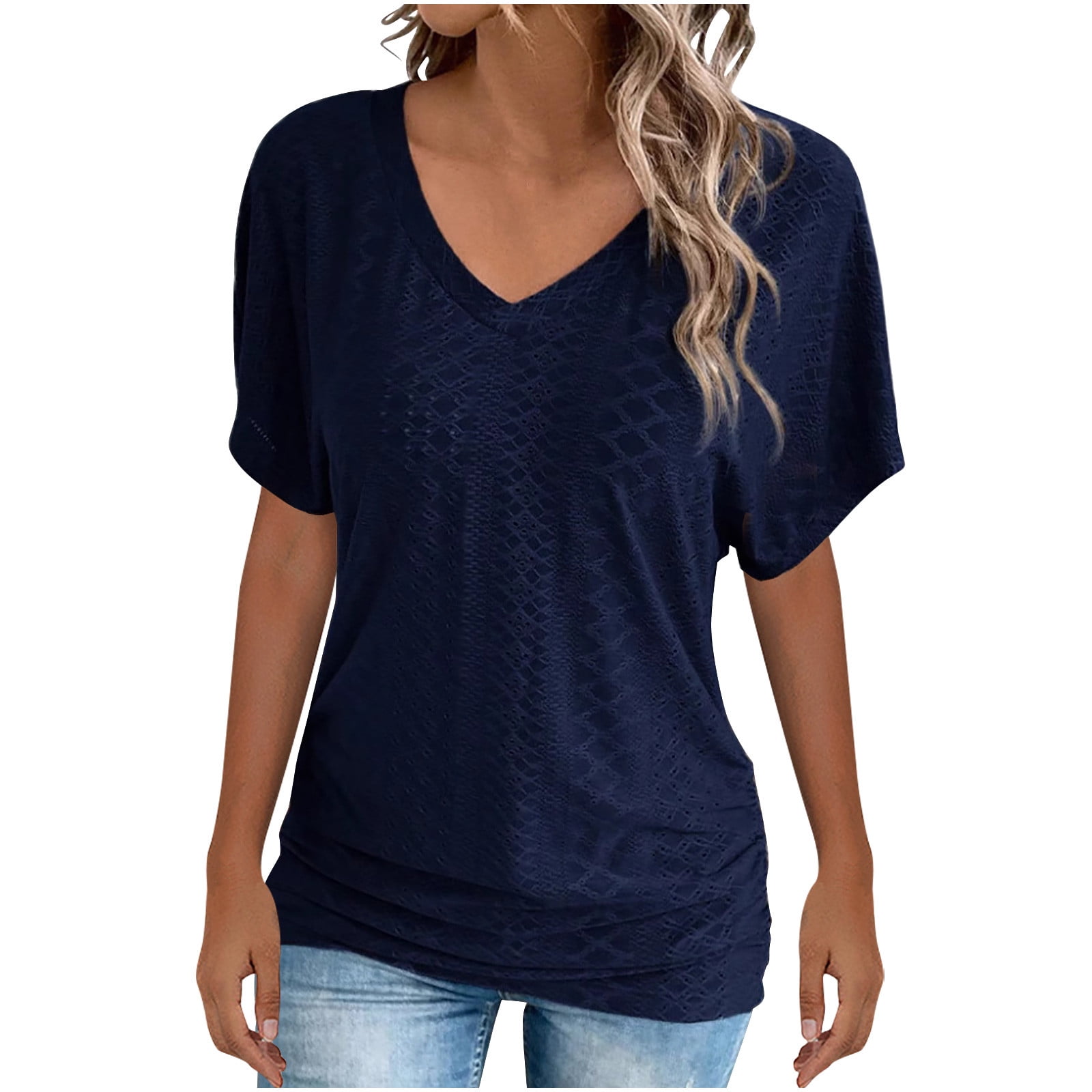 Dagugfen T-Shirts for Women V Neck Short Sleeve Dressy Loose Fitted ...