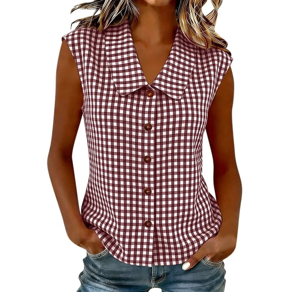 Dagugfen Tank Tops for Women Button down Plaid Shirts Lapel Neck Sleeveless Shirts Summer Casual Home Daily Wear Tops
