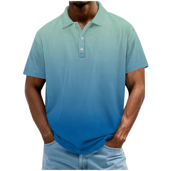 Dagugfen Tops for Men Button Lapel V Neck Short Sleeve Loose Comfy Gragient Color Casual Tee Shirts Fashion