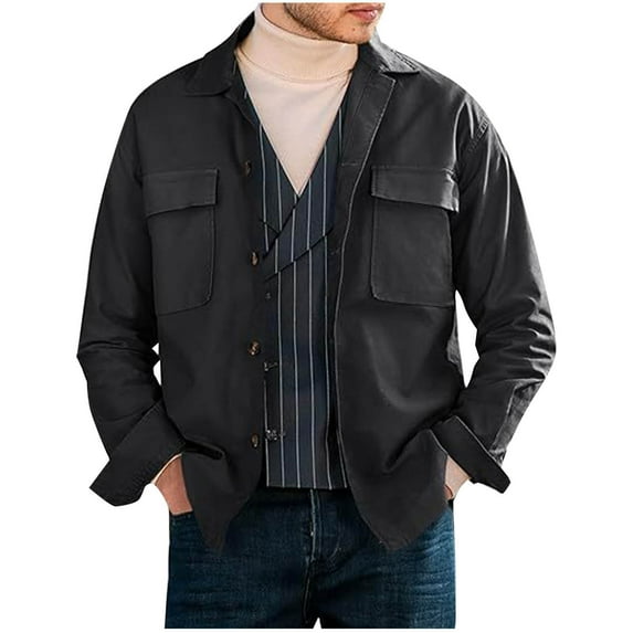 Dagugfen Tops for Men Jackets Button down Long Sleeve Loose Solid Color Work Casual Coat with Pockets
