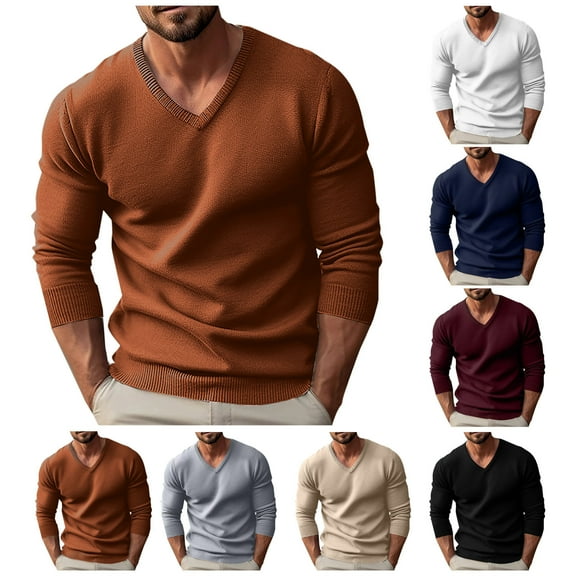 Dagugfen Tops for Men Long Sleeve V Neck Knit Slim Comfy Solid Color Leisure Athletic Shirts for Fishing