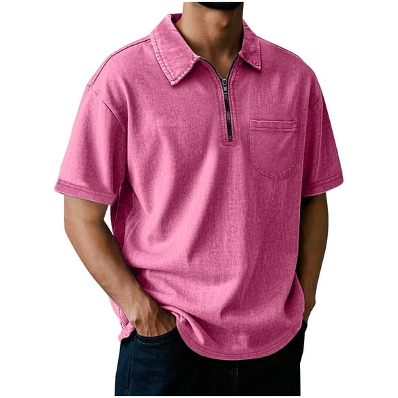 Dagugfen Tops for Men Plus Size Short Sleeve Zipper Lapel V Neck Loose Solid Color Comfy Work Casual Tshirts Pocket