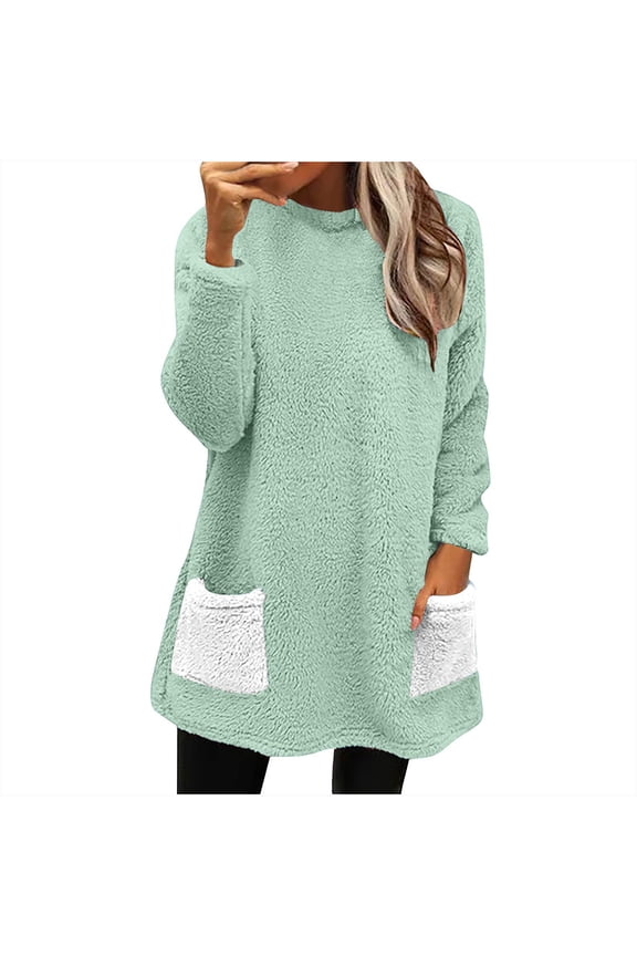 Tops for Women Round Neck Casual Thermal Fleece Loose Warm Long Sleeve Blouses with Pockets