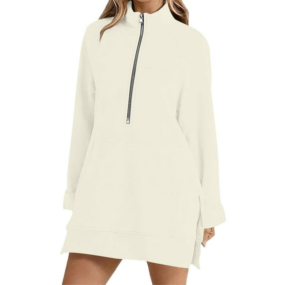 Dagugfen Tops for Women Side Split Loose Comfy Half Zipper Warm Pullover Mid Length Sweatshirts Fall Winter