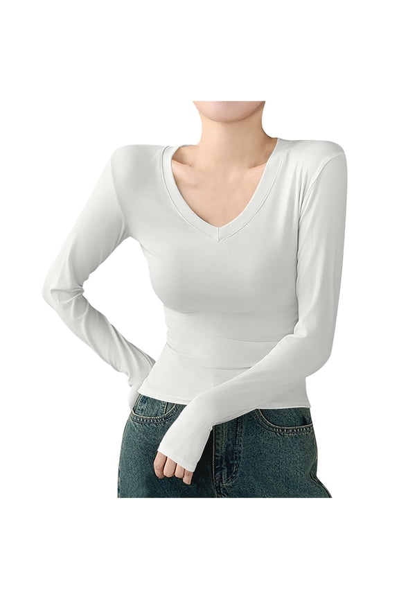 Tops for Women V Neck Long Sleeve Slim Fitting Casual Trendy Base Layer Lightweight Travel Shirts