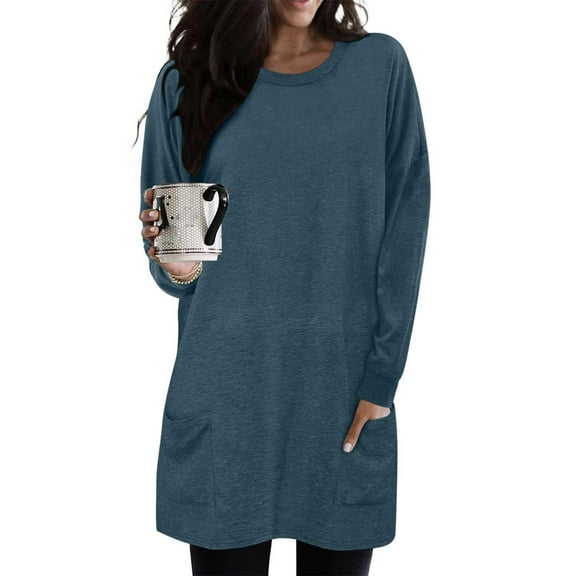 Dagugfen Tops for Womens Trendy Long Sleeve Crew Neck Fall Outfits Mid Length Blouses with Pockets Shirts