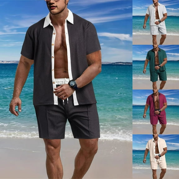Dagugfen Travel Outfits for Men Shortsuits Button down Lapel Shirts and Shorts Trendy Casual Beach Vacation 2 Piece Outfits