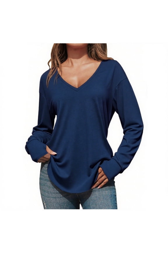 Tunic Tops for Women Long Sleeve Deep V Neck Low Cut Casual Loose Fitting Curved Hem T Shirts