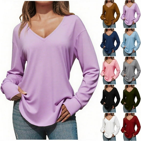 Dagugfen Tunic Tops for Women Long Sleeve Deep V Neck Low Cut Casual Loose Fitting Curved Hem T Shirts
