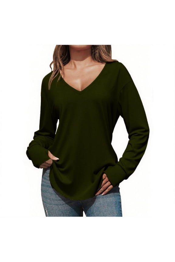 Tunic Tops for Women Long Sleeve Deep V Neck Low Cut Casual Loose Fitting Curved Hem T Shirts