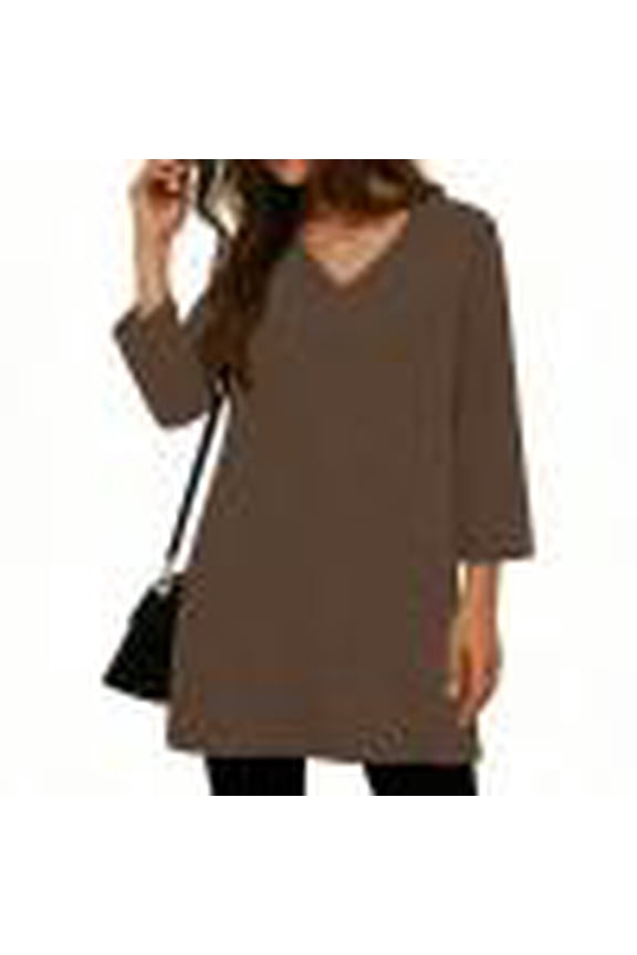 Tunic Tops for Women Loose Fitted 3/4 Sleeve Crew Neck Long Shirts Side Slit Casual Leisure Shirts Solid Color