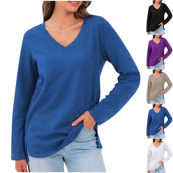 Dagugfen V Neck T Shirts for Women Long Sleeve Side Split Oversized Casual Basic Tees Lightweight Blouses
