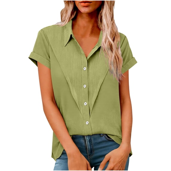 Dagugfen Women's Button up Shirts Collared Neck Short Sleeve Loose Breathable Business Casual Shirts