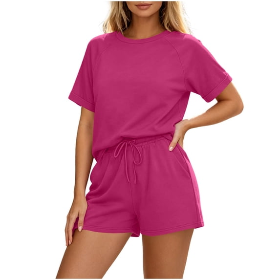 Dagugfen Womens Athletic Sets Crew Neck Short Sleeve Tees Drawstring Elastic Waist Shorts with Pockets Breathable Outdoor Workout Running Sets