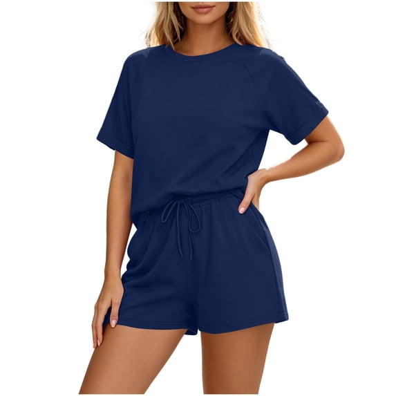 Dagugfen Womens Athletic Sets Crew Neck Short Sleeve Tees Drawstring Elastic Waist Shorts with Pockets Breathable Outdoor Workout Running Sets