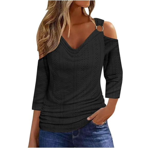 Dagugfen Womens Blouses 3/4 Length Sleeve Cold Shoulder Deep V Neck Eyelet Loose Fitting Casual Dressy Tops
