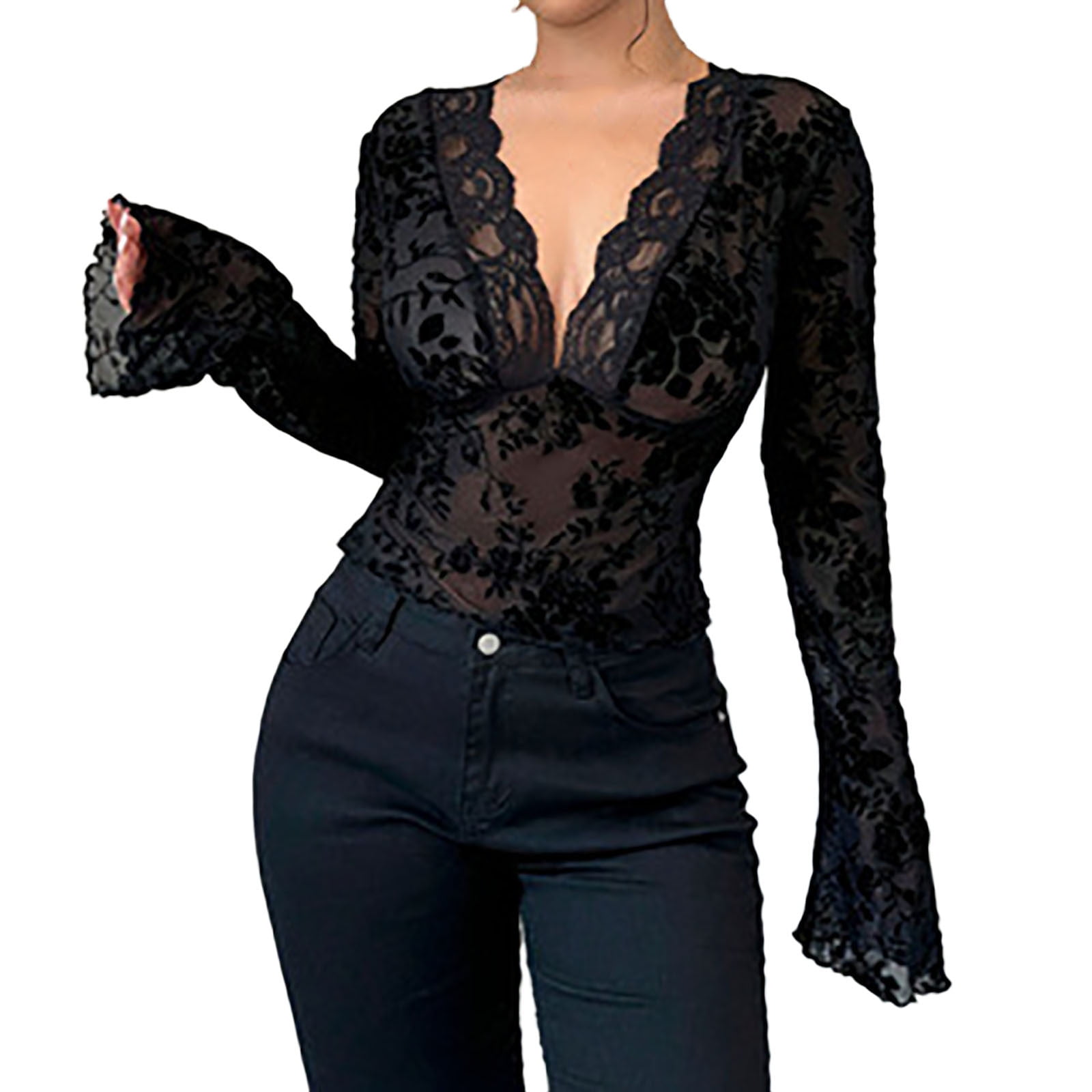 Dagugfen Womens Blouses Lace Deep V Neck Top Long Flare Sleeve