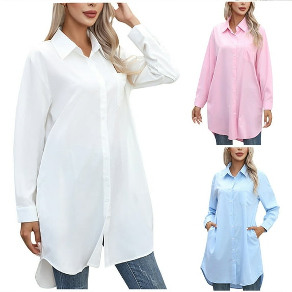 Dagugfen Womens Button down Shirt Dresses with Pockets Button down Tunics Long Sleeve High Low Blouse Long Tops