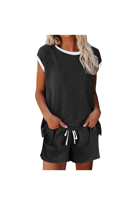 Womens Casual Pajama Shorts Tops Sets 5" Inseam Drawstring Short Sleeveless Crew Neck Tops Pajama Sets for Women