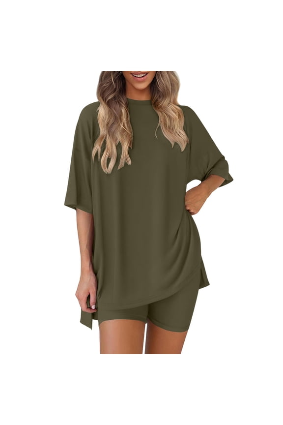 Womens Casual Sets 2 PC Half Sleeve Loose Fitted Crew Neck Tops Stretchy Slim Fitness Shorts Breathable Daily Wear Sets for Women