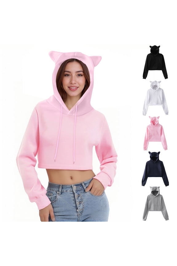 Womens Crop Tops Cute Ear Long Sleeve Causal Drawstring Comfy Plain Hoodie Sweatshirt Shirt