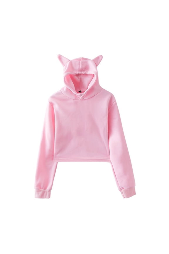 Womens Crop Tops Cute Ear Long Sleeve Causal Drawstring Comfy Plain Hoodie Sweatshirt Shirt