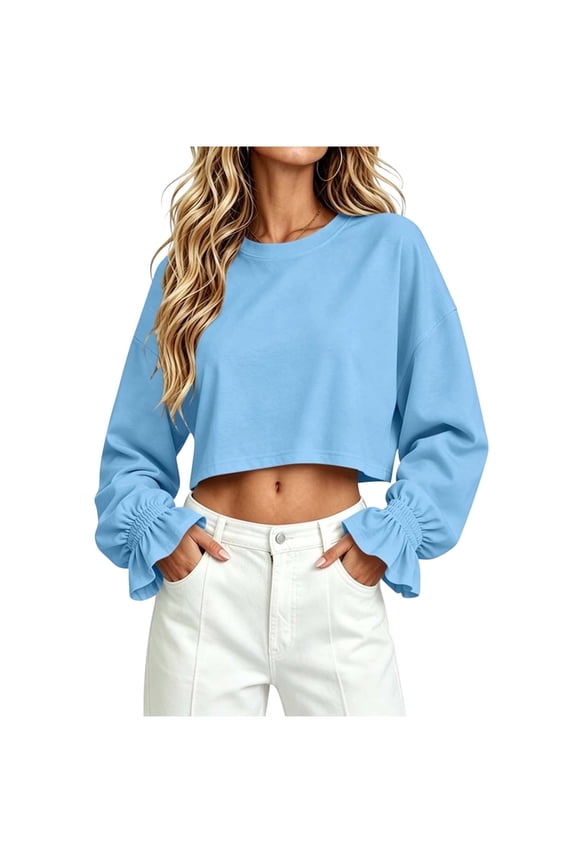 Womens Crop Tops Long Sleeve Ruffle Cuff Crew Neck Loose Fitted Sweatshirts for Women Daily Wear Pullover Casual Tops(S,Light Blue)